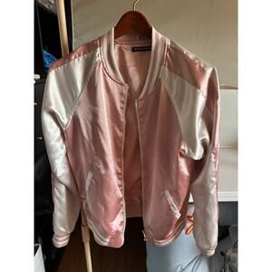 Brandy Melville Satin Varsity Bomber Jacket Pink & White
